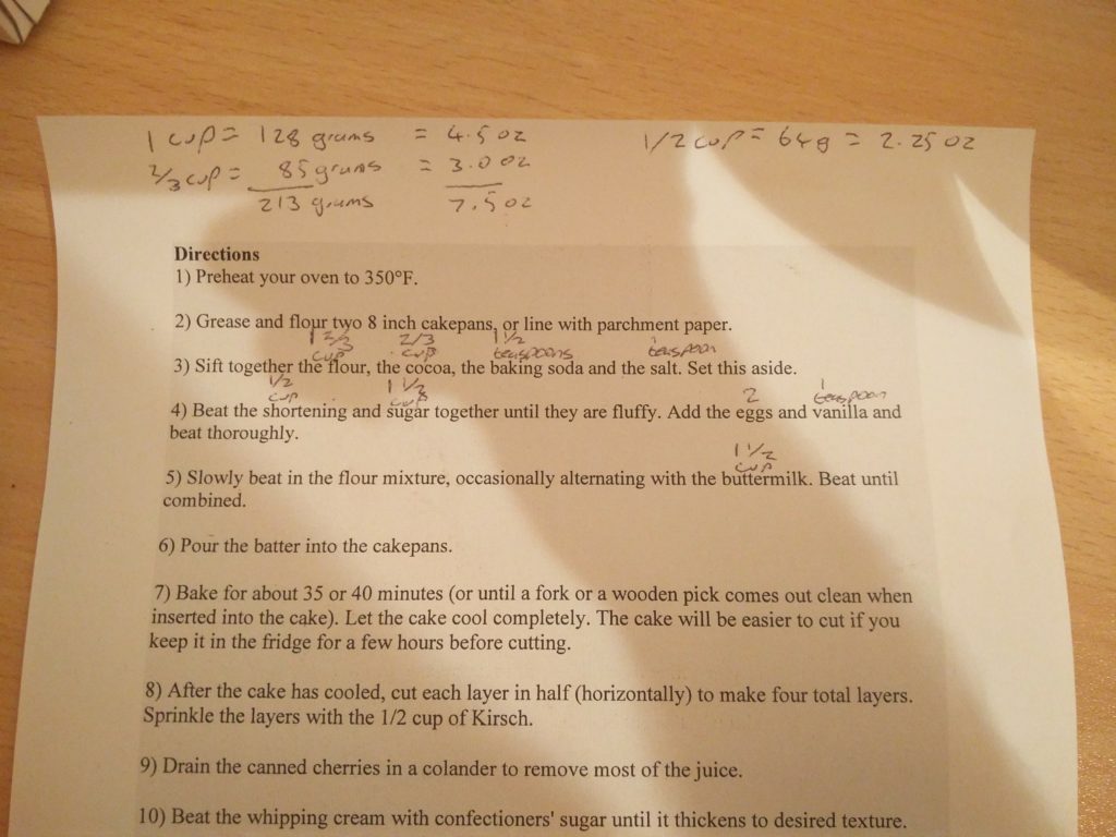The recipe sheet with a number of notes and conversions written on