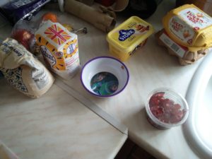 A selection of ingredients needed for the cherry cake