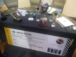 The trophies our team won, and the aeroplane ticket