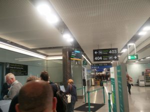 At the boarding gate looking down the building