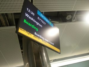 The boarding gate sign at Dublin Airport showing details of our flight to Washington