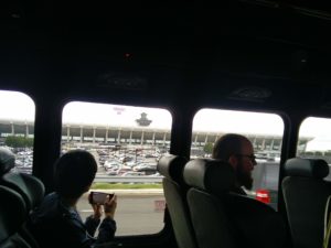 A view from the minibus of the outside of Washington Dulles Airport