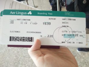 A boarding pass for the flight from Washington Dulles to Dublin